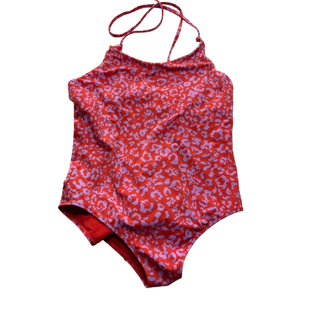 ATHLETA One Piece Swimsuit Red Lilac Leopard Print‎ Women's Size Medium Cut Out
